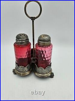 Victorian Rogers & Bro. Silver Plate Cranberry Glass Shakers & Salt Cellar 1800s