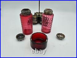 Victorian Rogers & Bro. Silver Plate Cranberry Glass Shakers & Salt Cellar 1800s