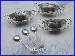 Victorian silver plated salt cellars with spoons, James Dixon & Sons, set of 3