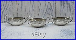 Victorian silver plated salt cellars with spoons, James Dixon & Sons, set of 3