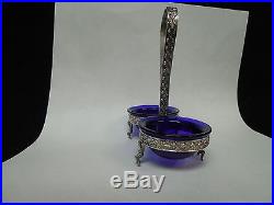 Victorian silver salt cellar cherubs/ cobalt blue bowls/sterling silver spoons