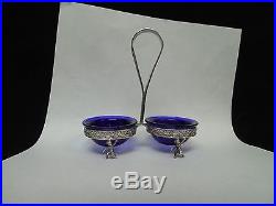 Victorian silver salt cellar cherubs/ cobalt blue bowls/sterling silver spoons