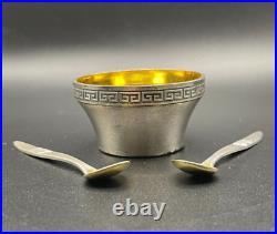 Vintage 1950s Russian Soviet 916 Silver Salt Cellar + 2 Spoons Hallmarked USSR