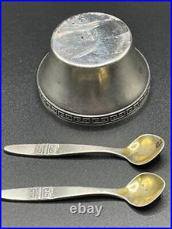 Vintage 1950s Russian Soviet 916 Silver Salt Cellar + 2 Spoons Hallmarked USSR