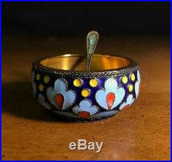 Vintage 1960s Russian Gilt Silver Enamel Caviar Bowl With Spoon Salt Cellar