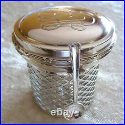 Vintage 925 Sterling Silver Mustard Pot Salt Cellar Openwork Lattice Spoon D154