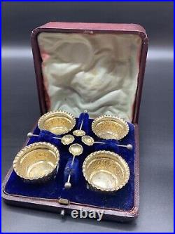 Vintage Antique Jacob Josephson Solid Silver Set Of 4 Salts Cellar Dips & Spoons