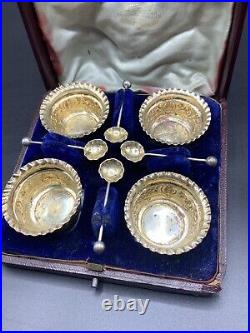 Vintage Antique Jacob Josephson Solid Silver Set Of 4 Salts Cellar Dips & Spoons