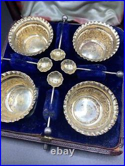 Vintage Antique Jacob Josephson Solid Silver Set Of 4 Salts Cellar Dips & Spoons