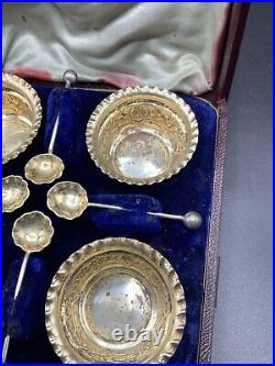 Vintage Antique Jacob Josephson Solid Silver Set Of 4 Salts Cellar Dips & Spoons