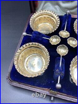 Vintage Antique Jacob Josephson Solid Silver Set Of 4 Salts Cellar Dips & Spoons