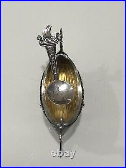 Vintage Brodrene Lohne 830s Silver Salt Cellar Viking Ship Glass Insert & Spoon