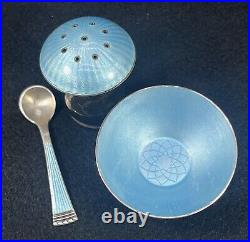 Vintage ELA Denmark Sterling Silver Blue Enamel Salt Cellar Spoon & Shaker Set