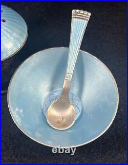 Vintage ELA Denmark Sterling Silver Blue Enamel Salt Cellar Spoon & Shaker Set