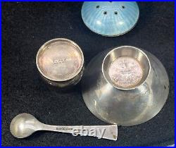 Vintage ELA Denmark Sterling Silver Blue Enamel Salt Cellar Spoon & Shaker Set