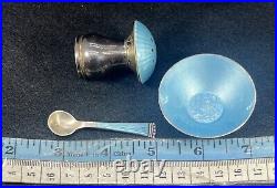 Vintage ELA Denmark Sterling Silver Blue Enamel Salt Cellar Spoon & Shaker Set