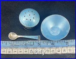 Vintage ELA Denmark Sterling Silver Blue Enamel Salt Cellar Spoon & Shaker Set