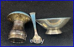 Vintage ELA Denmark Sterling Silver Blue Enamel Salt Cellar Spoon & Shaker Set