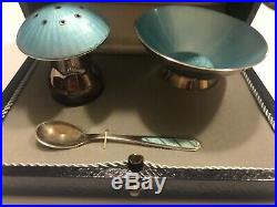 Vintage ELA Denmark Sterling Silver Enamel Salt Dish and Mushroom Shaker Spoon i