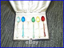 Vintage Ela Denmark Sterling Silver & Enamel Multi Colors Salt Spoons In Box Six