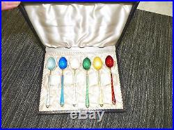 Vintage Ela Denmark Sterling Silver & Enamel Multi Colors Salt Spoons In Box Six
