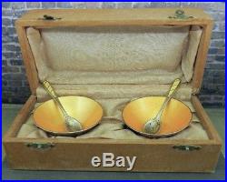 Vintage Ela Denmark Sterling Silver Golden Yellow Enamel Salt Cellar Set in Box