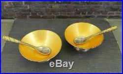 Vintage Ela Denmark Sterling Silver Golden Yellow Enamel Salt Cellar Set in Box