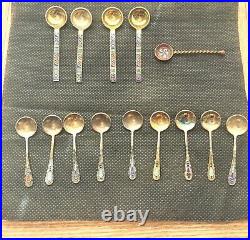 Vintage Enamel 14 Salt Spoons 875 Silver Gold Gilt Russia Storage Case 58.7 Gram