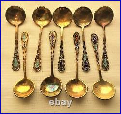 Vintage Enamel 14 Salt Spoons 875 Silver Gold Gilt Russia Storage Case 58.7 Gram