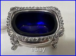 Vintage English Silverplate Salt Cellar & Mustard Pot withCobalt Blue Glass Insert