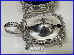 Vintage English Silverplate Salt Cellar & Mustard Pot withCobalt Blue Glass Insert