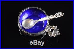 Vintage GEORG JENSEN Acorn Salt Cellar Dish Spoon Sterling Silver Blue Enamel