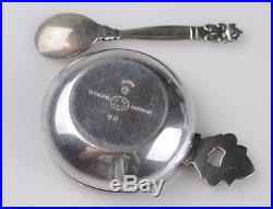 Vintage GEORG JENSEN Acorn Salt Cellar Dish Spoon Sterling Silver Blue Enamel