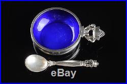 Vintage GEORG JENSEN Acorn Salt Cellar Dish Spoon Sterling Silver Blue Enamel 1