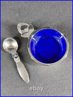 Vintage Georg Jensen Sterling Cactus Cobalt Enamel Open Salt Cellar & Spoon