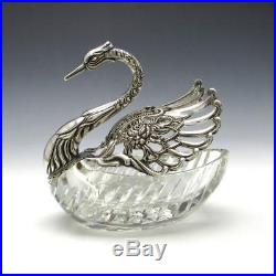 Vintage German. 835 Silver LARGE 5 Figural Swan Cut Crystal Master Salt Cellar