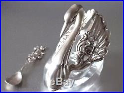 Vintage German Silver 835, Crystal Swan Salt Cellar With Original Spoon, Signed