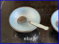 Vintage Meka Denmark Sterling Silver and Enamel Open Salt Cellars with Spoons