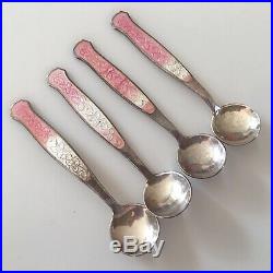 Vintage Meka Sterling Denmark Guilloche Enamel Silver Open Salt Cellars & Spoons