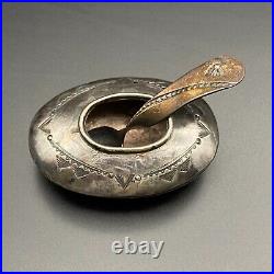 Vintage Navajo Pawn Salt Cellar Bowl Spoon Hand Stamped Silver