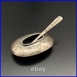 Vintage Navajo Pawn Salt Cellar Bowl Spoon Hand Stamped Silver