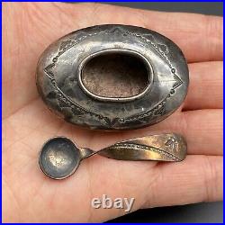 Vintage Navajo Pawn Salt Cellar Bowl Spoon Hand Stamped Silver