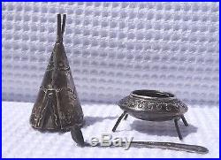 Vintage Navajo Silver Teepee Pepper Shaker & Salt Cellar with Spoon Ladle Peyote