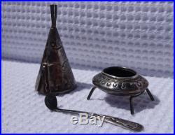 Vintage Navajo Silver Teepee Pepper Shaker & Salt Cellar with Spoon Ladle Peyote