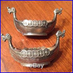 Vintage Norway Sterling Silver Viking Ship Salt Cellar & Pepper Dish With Spoons