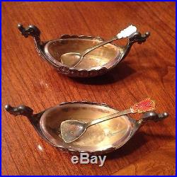 Vintage Norway Sterling Silver Viking Ship Salt Cellar & Pepper Dish With Spoons