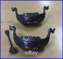 Vintage Norway Sterling Silver Viking Ship Salt & Pepper Dish With One Spoon A25