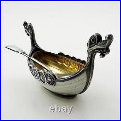 Vintage Norwegian Viking Boat Salt Cellar & Spoon Sterling Silver Enamel