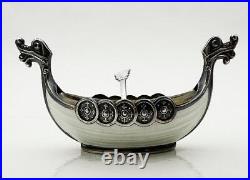 Vintage Norwegian Viking Boat Salt Cellar & Spoon Sterling Silver Enamel