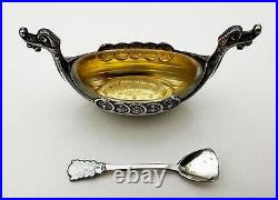 Vintage Norwegian Viking Boat Salt Cellar & Spoon Sterling Silver Enamel